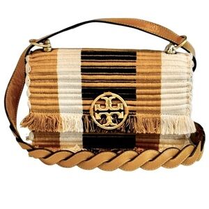 **SOLD! NWT Tory Burch Miller Woven Stripe Sm Flap Shoulder Bag ChutneyNatural